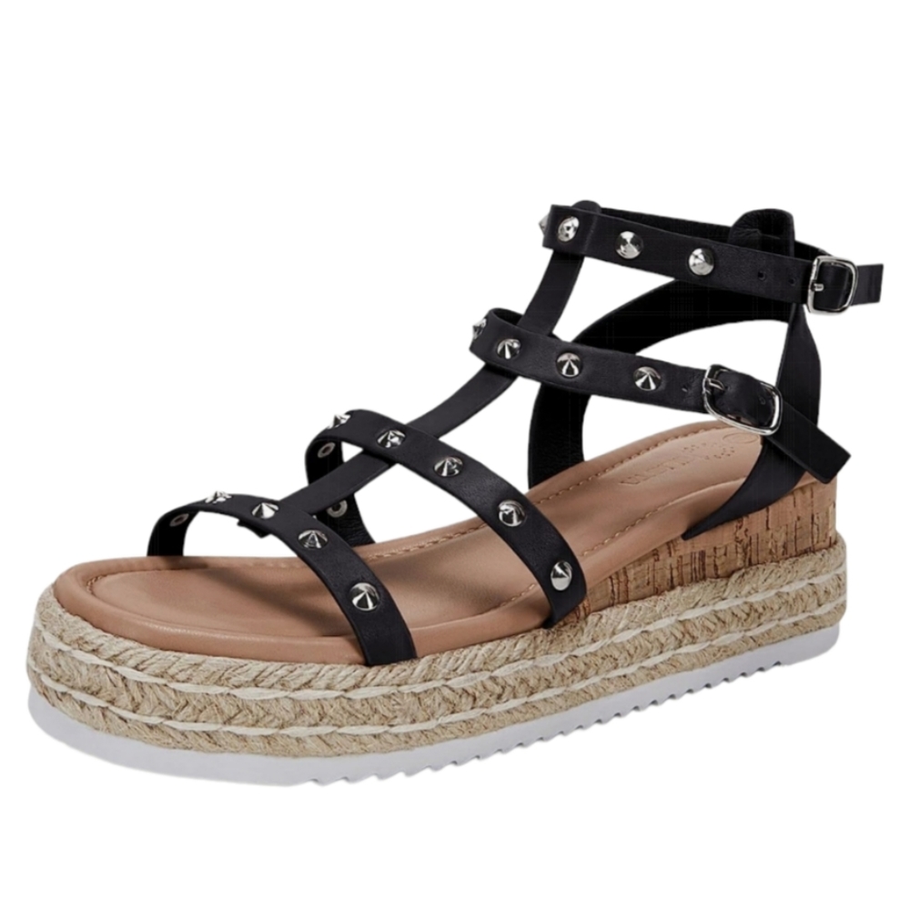 Women's Platform Sandals Cork Wedges Black Studded Summer Dress Shoes